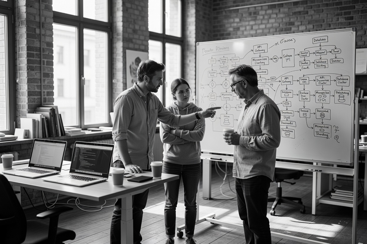 Startup office, team at a whiteboard